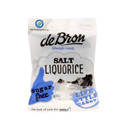 De Bron Klavertjes zout en suikervrije liquorice snoepgoed in 100g verpakking, featuring green and black licorice pieces.