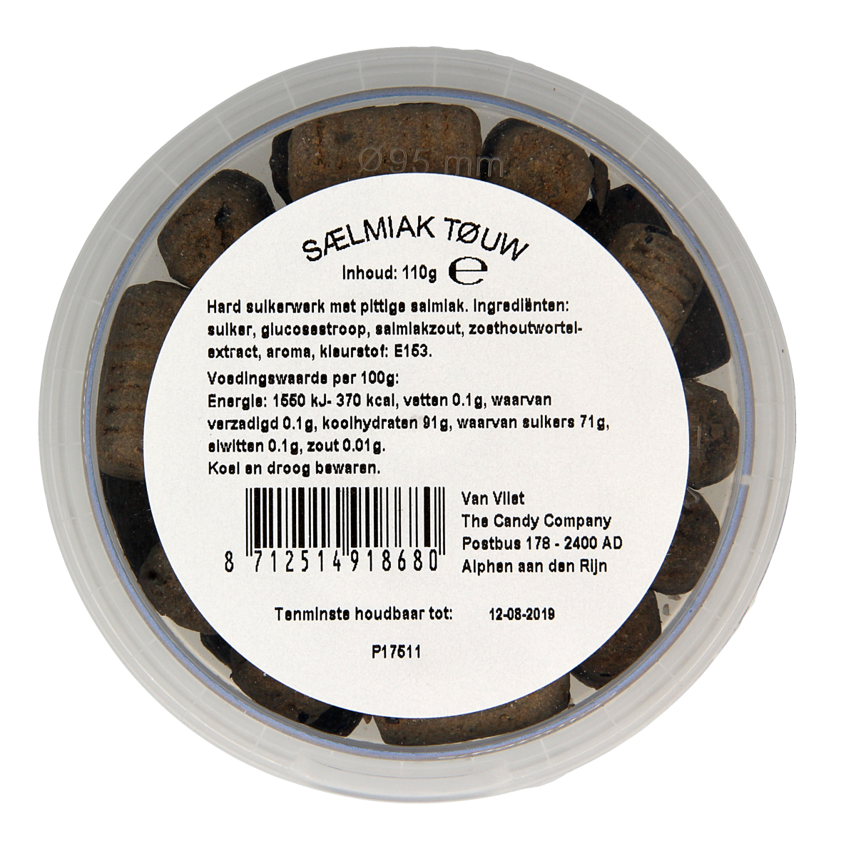 Kindly's Salmiak touw, 110g, salty licorice candy with black twisted strands, on a plain background.