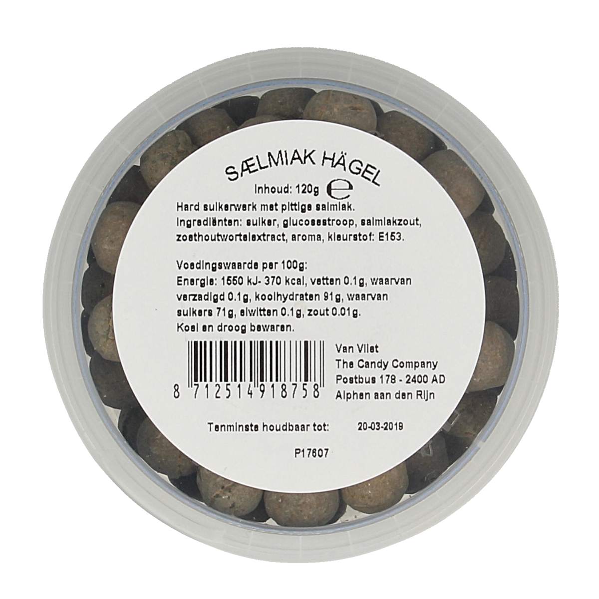 Kindly's Salmiak hagels candy in a 120g package, salty licorice snack, close-up of the salty licorice chocolate pieces.