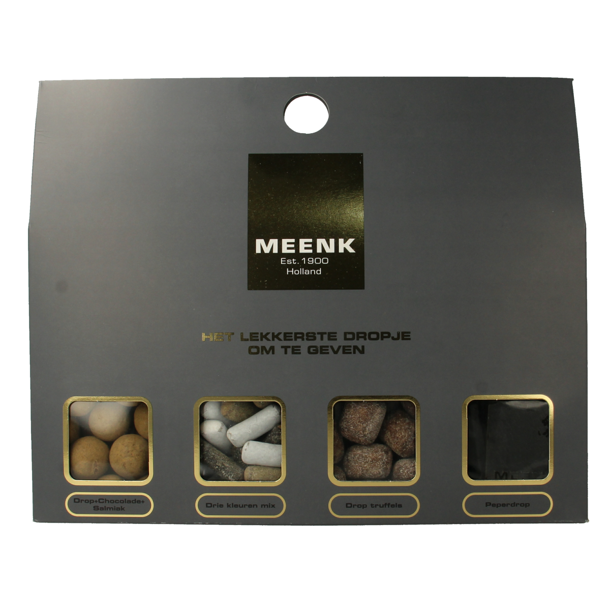 Meenk cadeau snoepgoed box with assorted candies, featuring colorful sweets in a festive presentation.