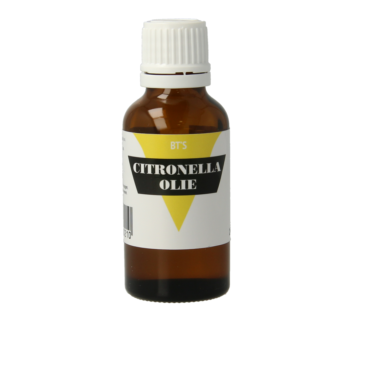 BT'S Citronel etherische olie in 25ml bottle, featuring a clear container with yellow citrus-scented oil.