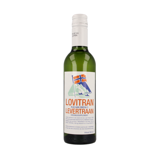 Lovitran Levertraan vetzuren in 365ml bottle, natural fish oil supplement for joint and skin health.
