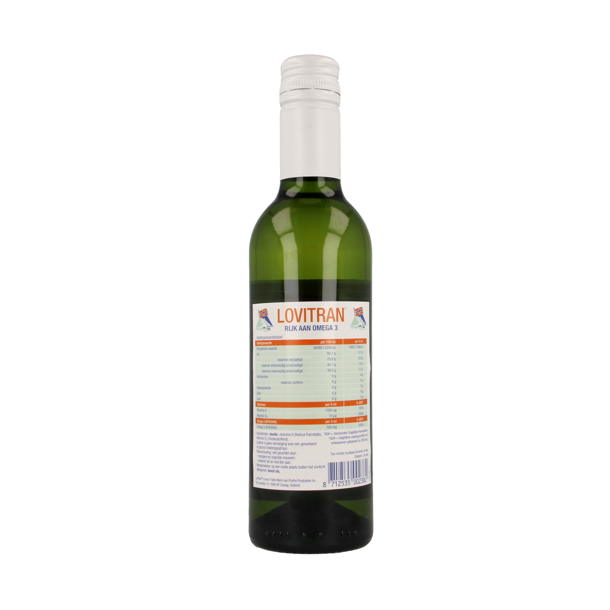 Lovitran Levertraan Vetzuren bottle, 365ml, with a clear label and cap, shown in a close-up image.