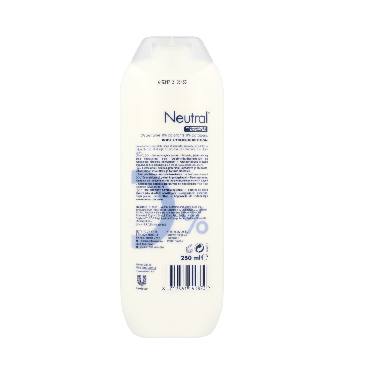 Neutral body lotion in a 250ml bottle, featuring a simple, minimalist design for nourishing body skincare.