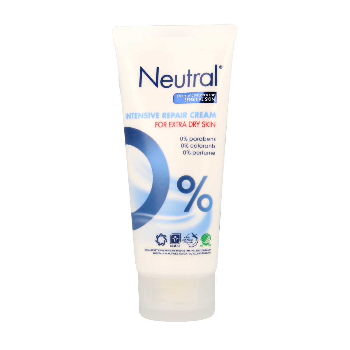 Neutral Intensive Repair Cream 0% body moisturizer in a 100ml tube, designed for nourishing and repairing skin.
