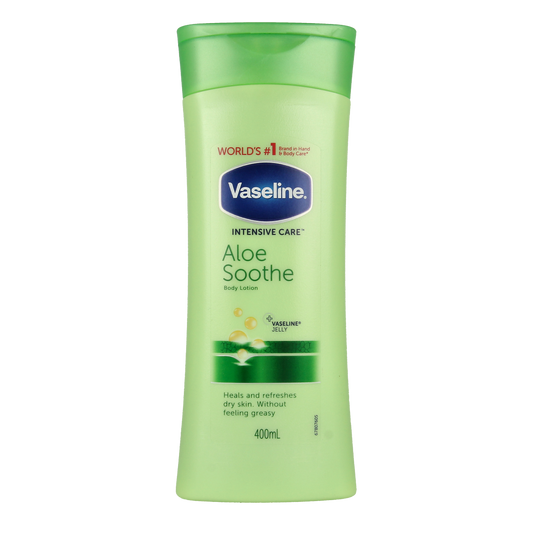 Vaseline Aloe Soothe body lotion in 400ml bottle, moisturizing and soothing skin with aloe vera for body care.
