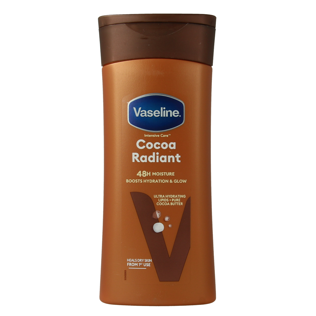 Vaseline cacao butter body lotion bottle, 200ml, for moisturizing and nourishing skin, shown in a clear plastic container.