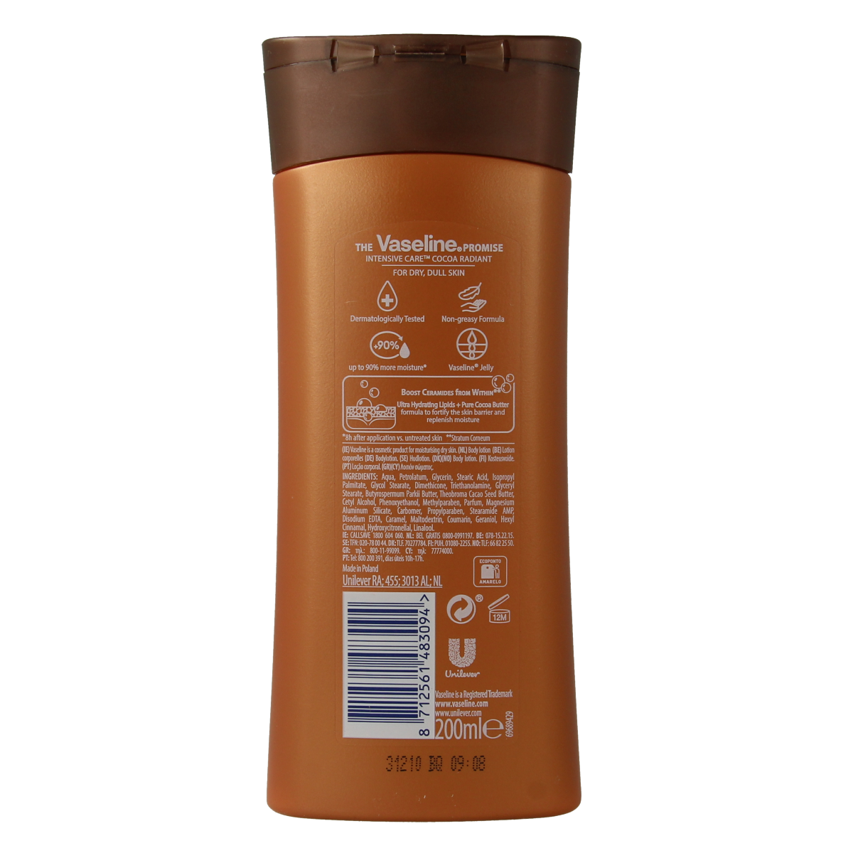 Vaseline cacao butter body lotion 200ml bottle, smooth moisturizer for skin, in a white and brown packaging.
