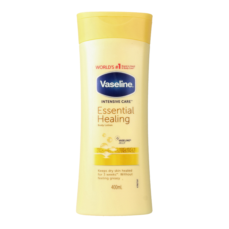 Vaseline Essential Healing Body Lotion 400ml bottle, moisturizing body care product with a white and blue pump dispenser.