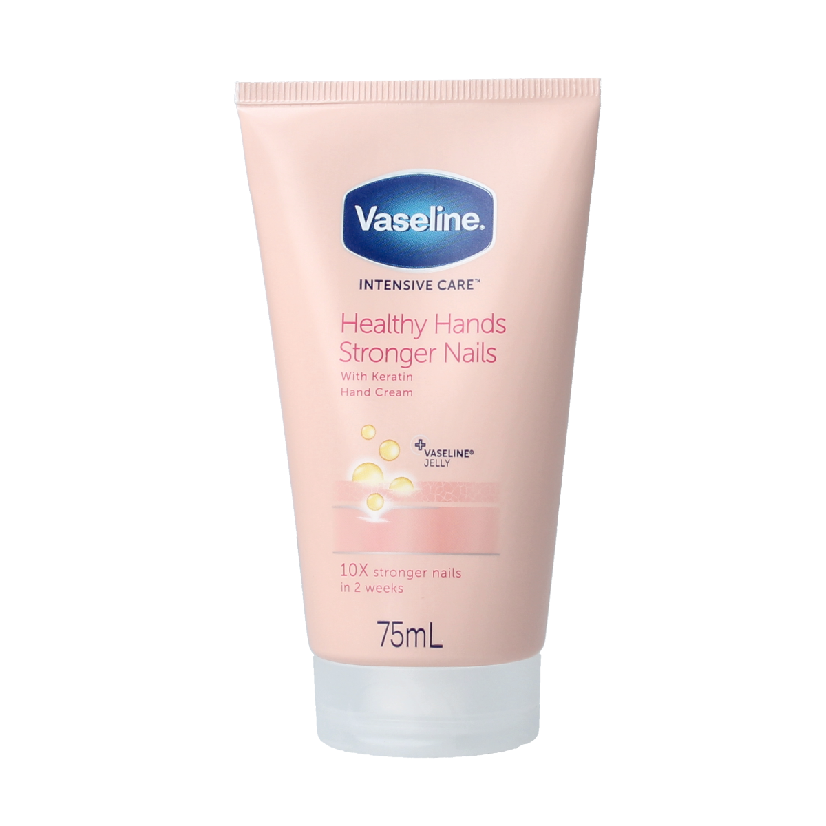 Vaseline Creme hand and nail tube, 75ml, moisturizing hand care product with cream in a white tube featuring blue accents.