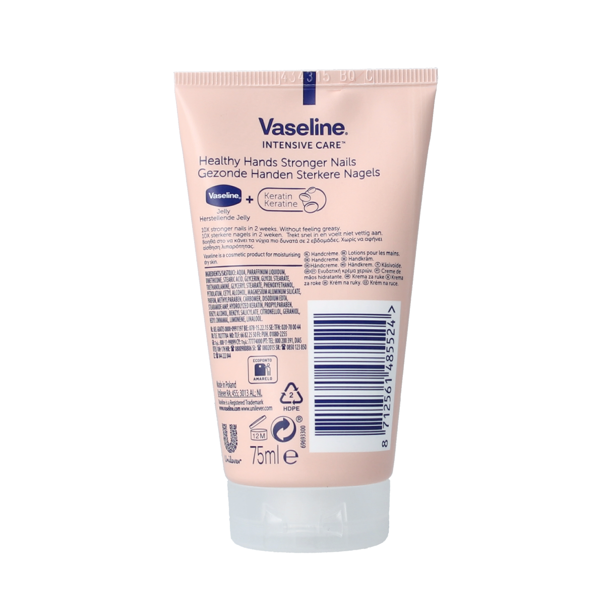 Vaseline Creme hand and nail tube, 75ml, moisturizing hand care product with a white tube and blue cap.