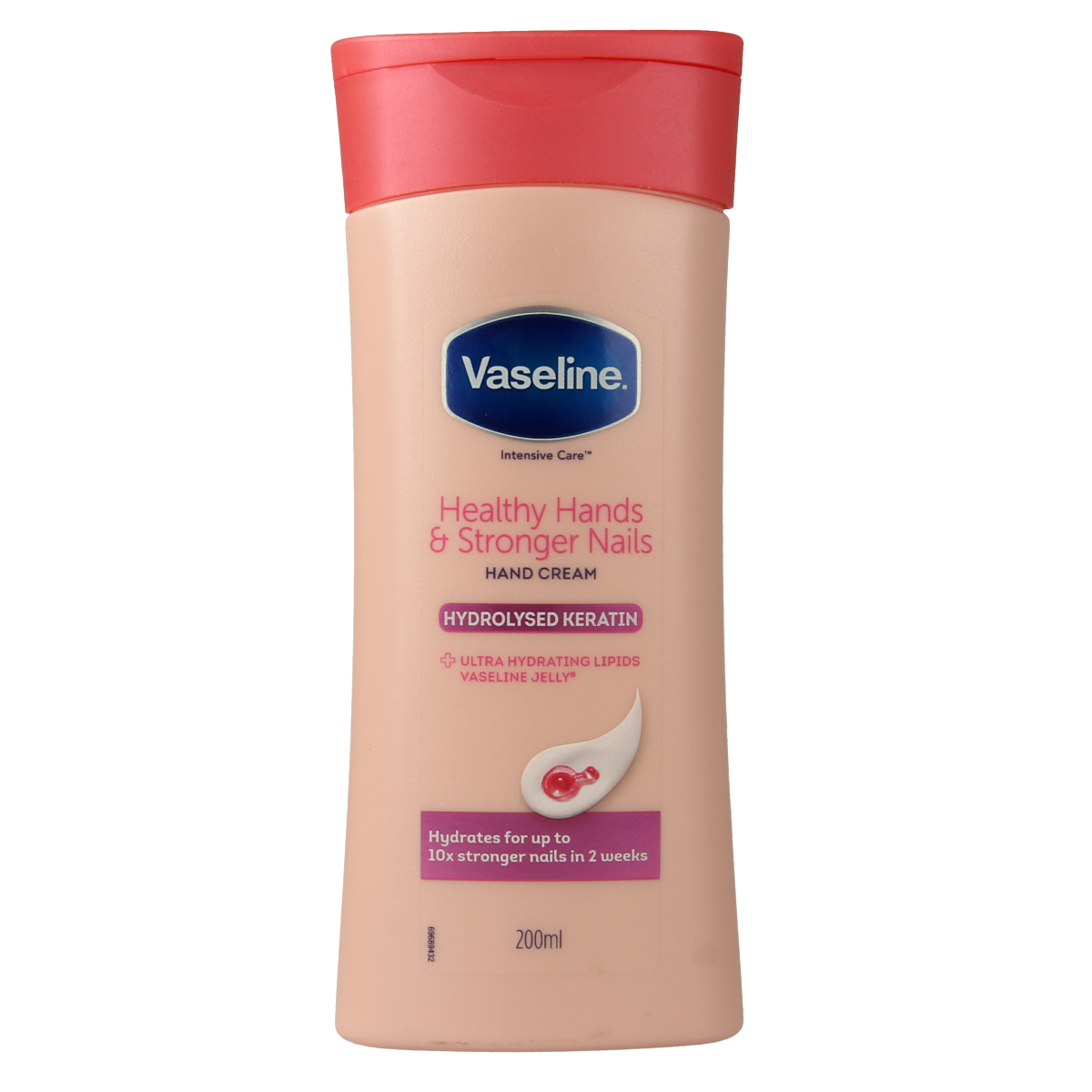 Vaseline Hand & Nail Lotion bottle, 200ml, for nourishing hand and nail skin care, with a pump dispenser.