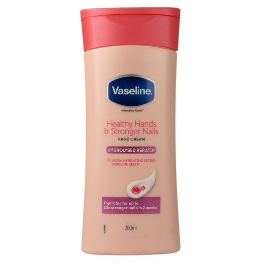 Vaseline Hand & Nail Lotion bottle, 200ml, for nourishing hand and nail skin care, with a pump dispenser.