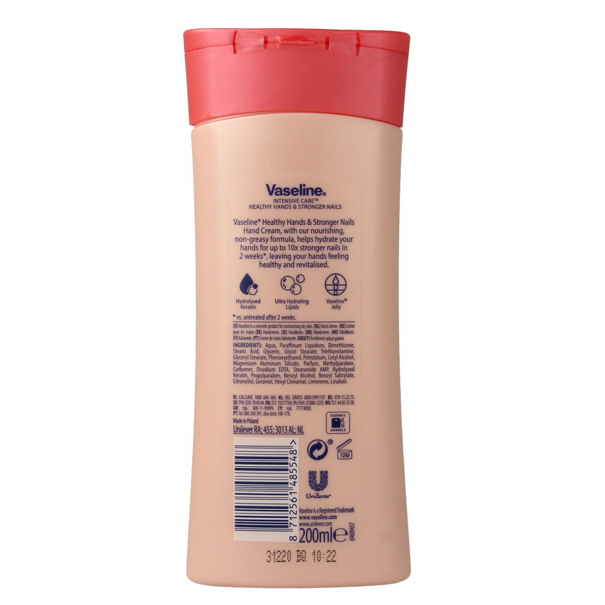 Vaseline Hand & Nail Lotion bottle, 200ml, for nourishing hand and nail care, with a clear label and pump dispenser.