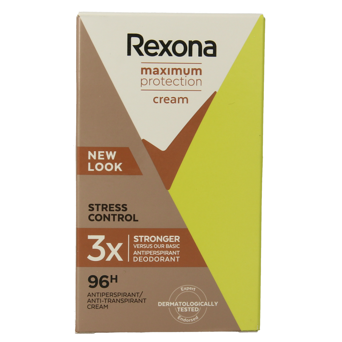 Rexona Maximum Protection Stress Control deodorant spray, 45ml, in a white and blue aerosol can with Rexona branding.