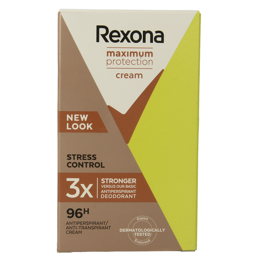 Rexona Maximum Protection Stress Control deodorant spray, 45ml, in a white and blue aerosol can with Rexona branding.