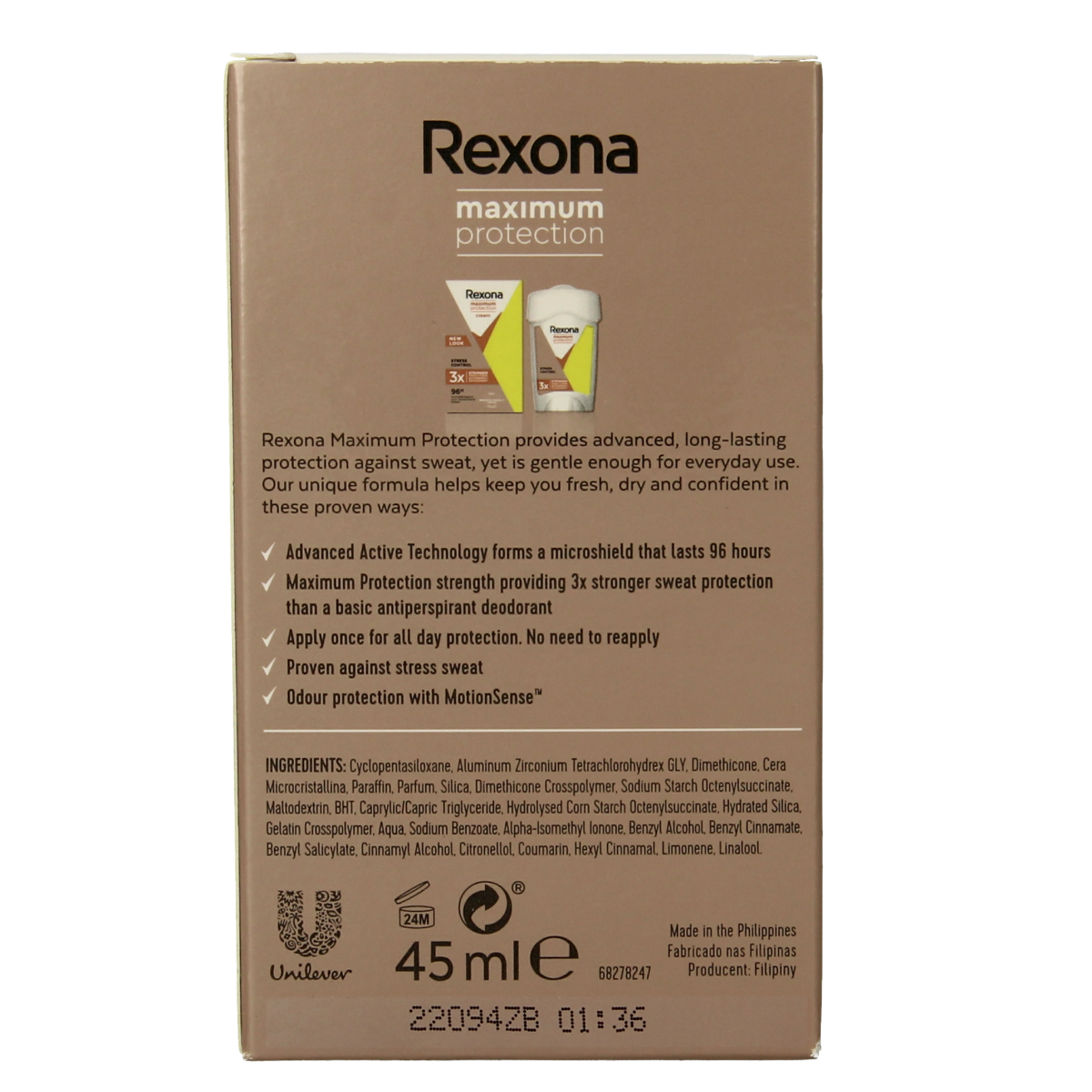 Rexona maximum protection stress control deodorant spray, 45ml, with a sleek silver and blue can for effective odor and sweat control