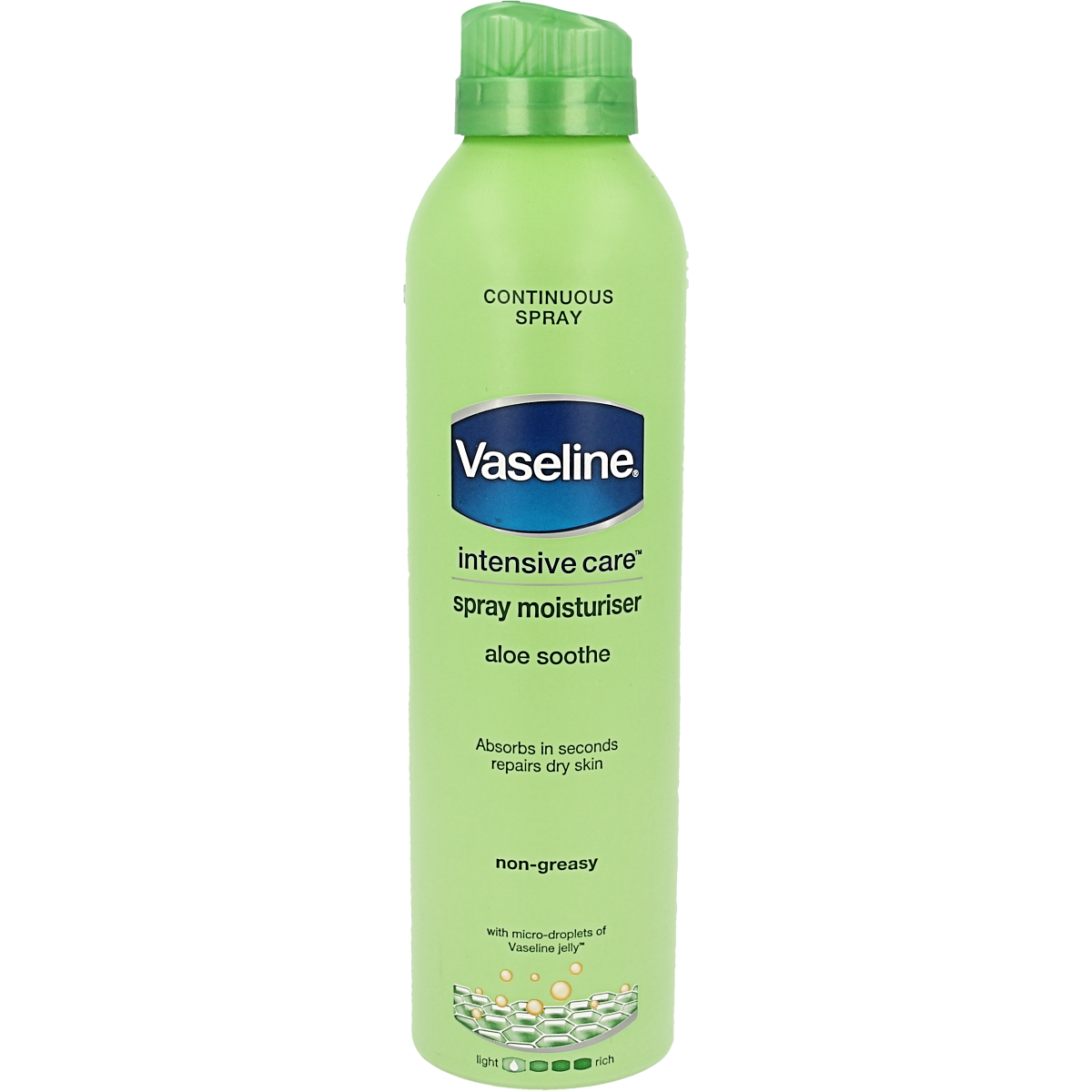Vaseline Aloe Vera Lotion Spray in 190ml bottle, moisturizing body care product with aloe vera for smooth skin