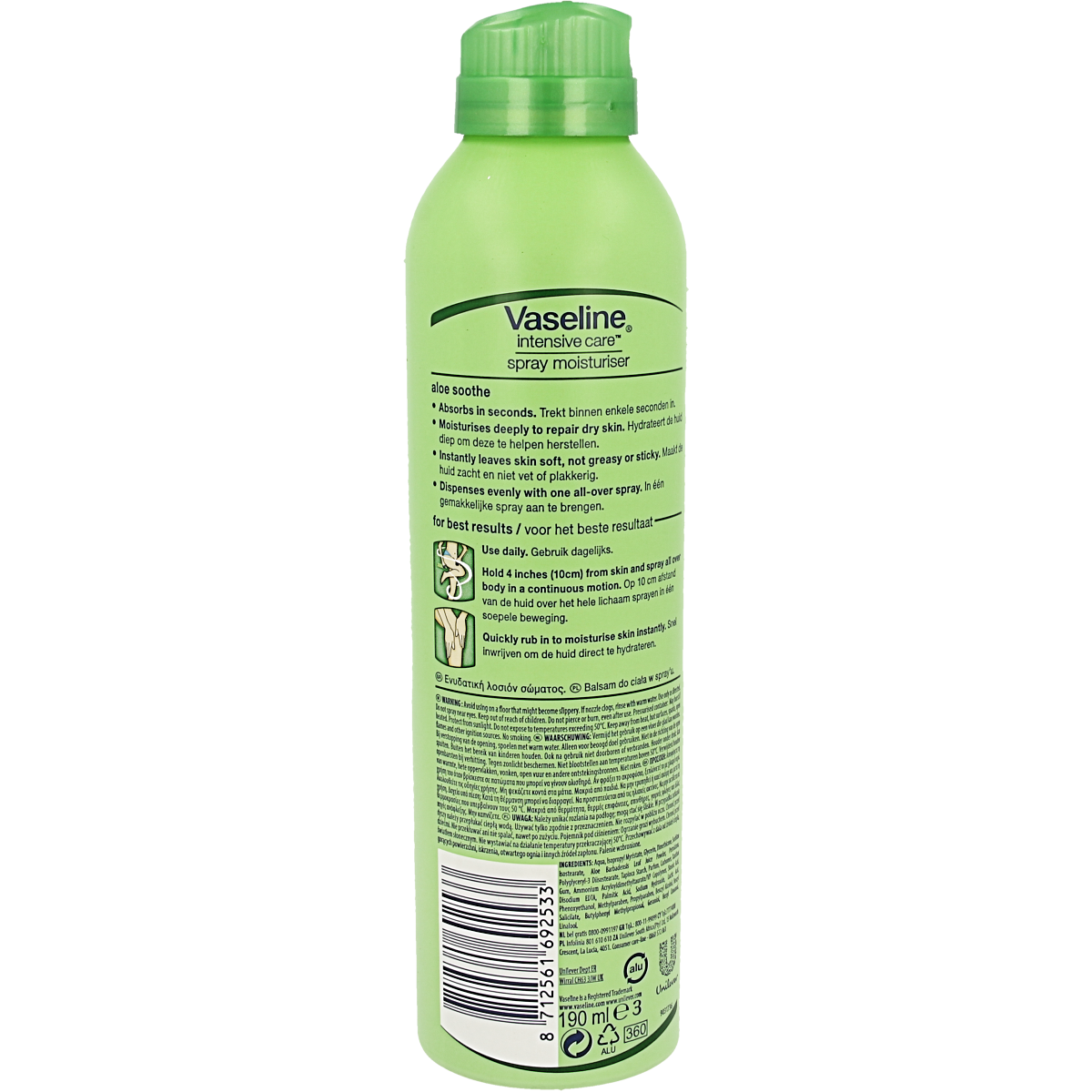 Vaseline Aloe Vera Body Lotion Spray 190ml, moisturizing body care with soothing aloe vera in a spray bottle.