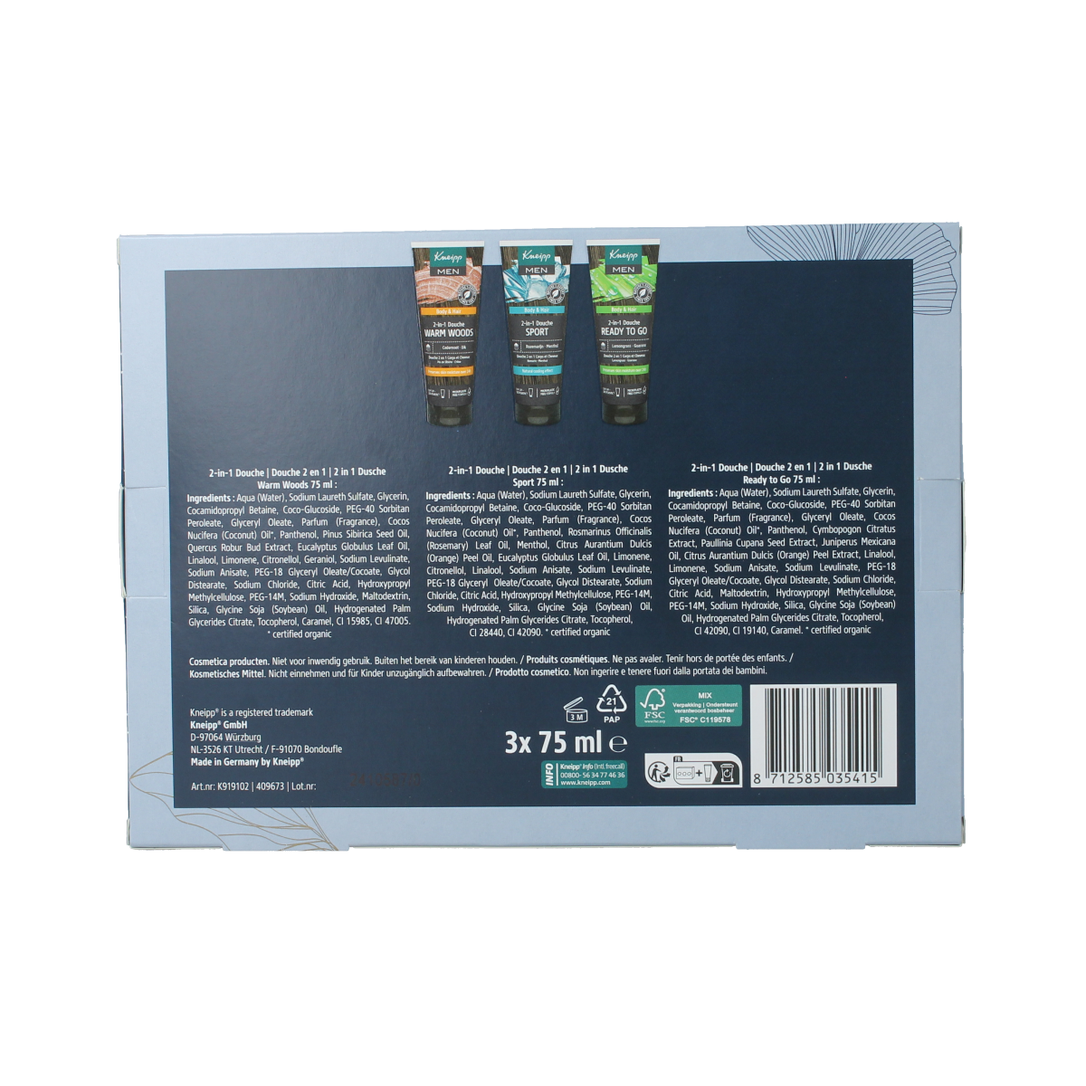 Kneipp Men gift set with shower gel and bath products in a white and blue packaging, ideal for men's skincare routines