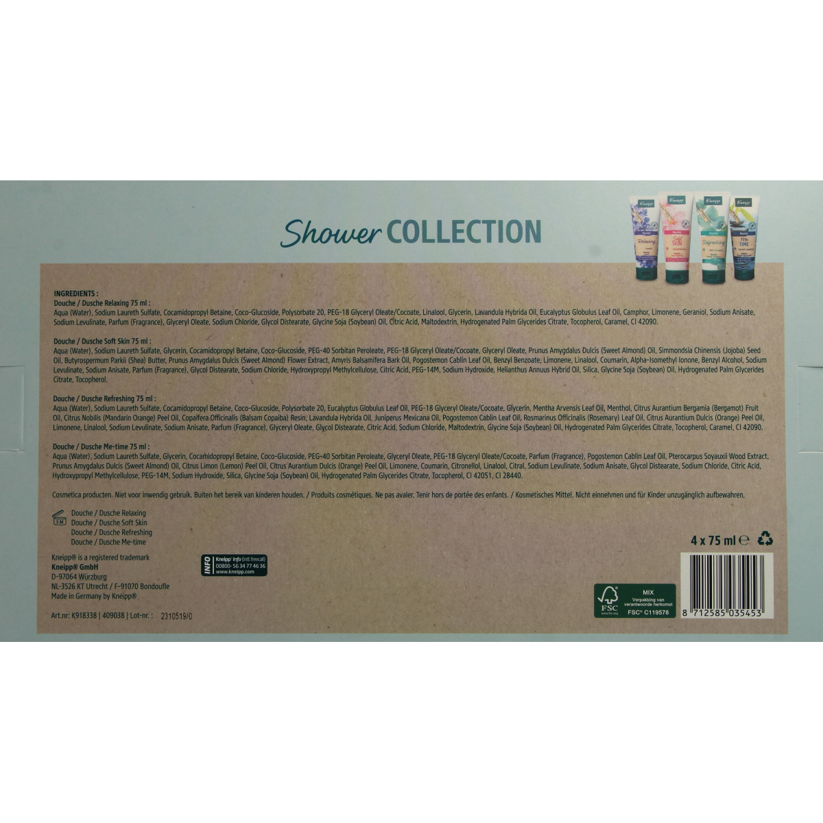 Kneipp gift set of shower and bath products featuring various bottles and packaging in a festive display.