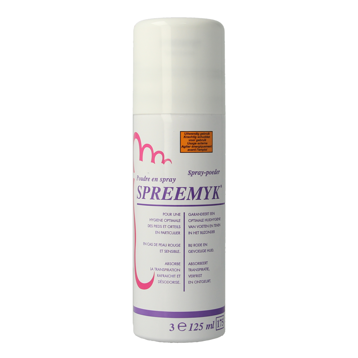 Spreemyk Voeten Poederspray in 125ml bottle, foot care product with spray nozzle for refreshing foot hygiene and comfort.