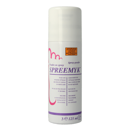 Spreemyk Voeten Poederspray in 125ml bottle, foot care product with spray nozzle for refreshing foot hygiene and comfort.