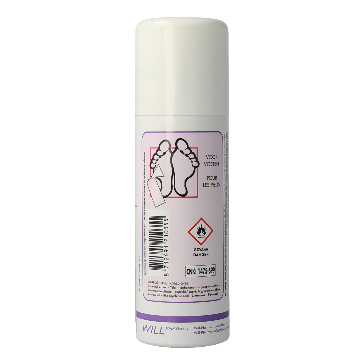 Spreemyk Poederspray voeten in 125ml bottle, foot care product for freshness and comfort, with spray nozzle visible.