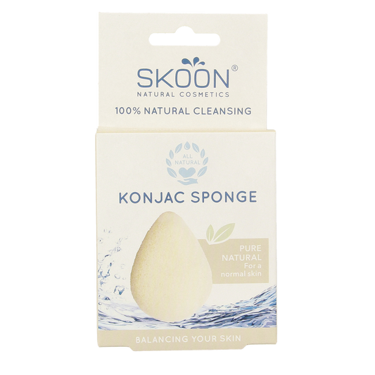 Skoon Konjac sponge made of pure organic konjac, for gentle facial cleansing, shown in a close-up image.
