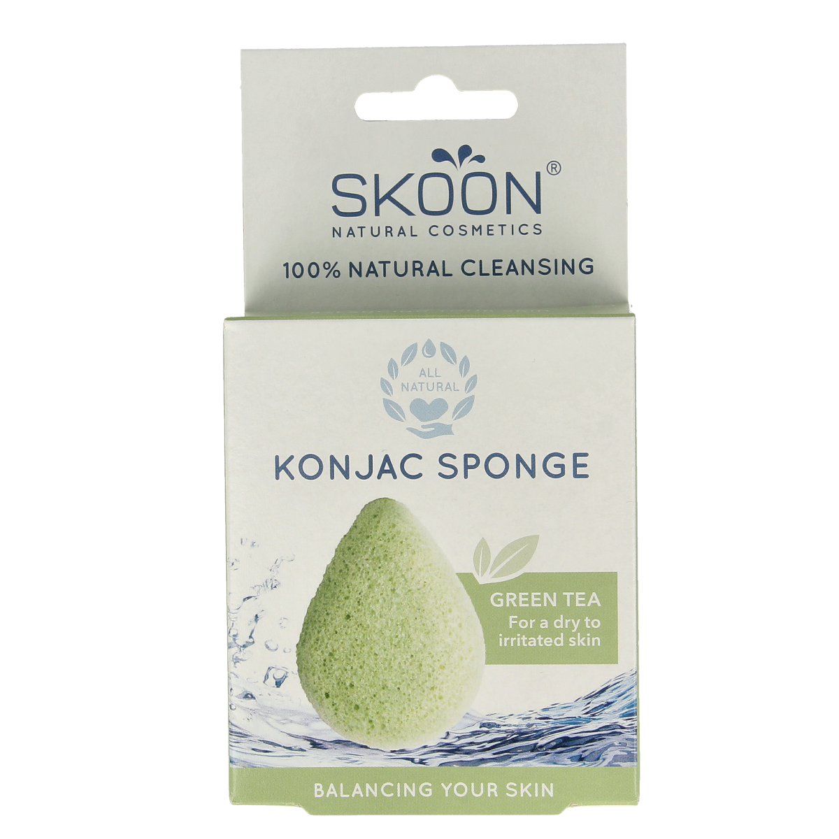 Skoon Konjac sponge with green tea for facial cleansing, natural bio skincare, soft texture, ideal for gentle exfoliation.