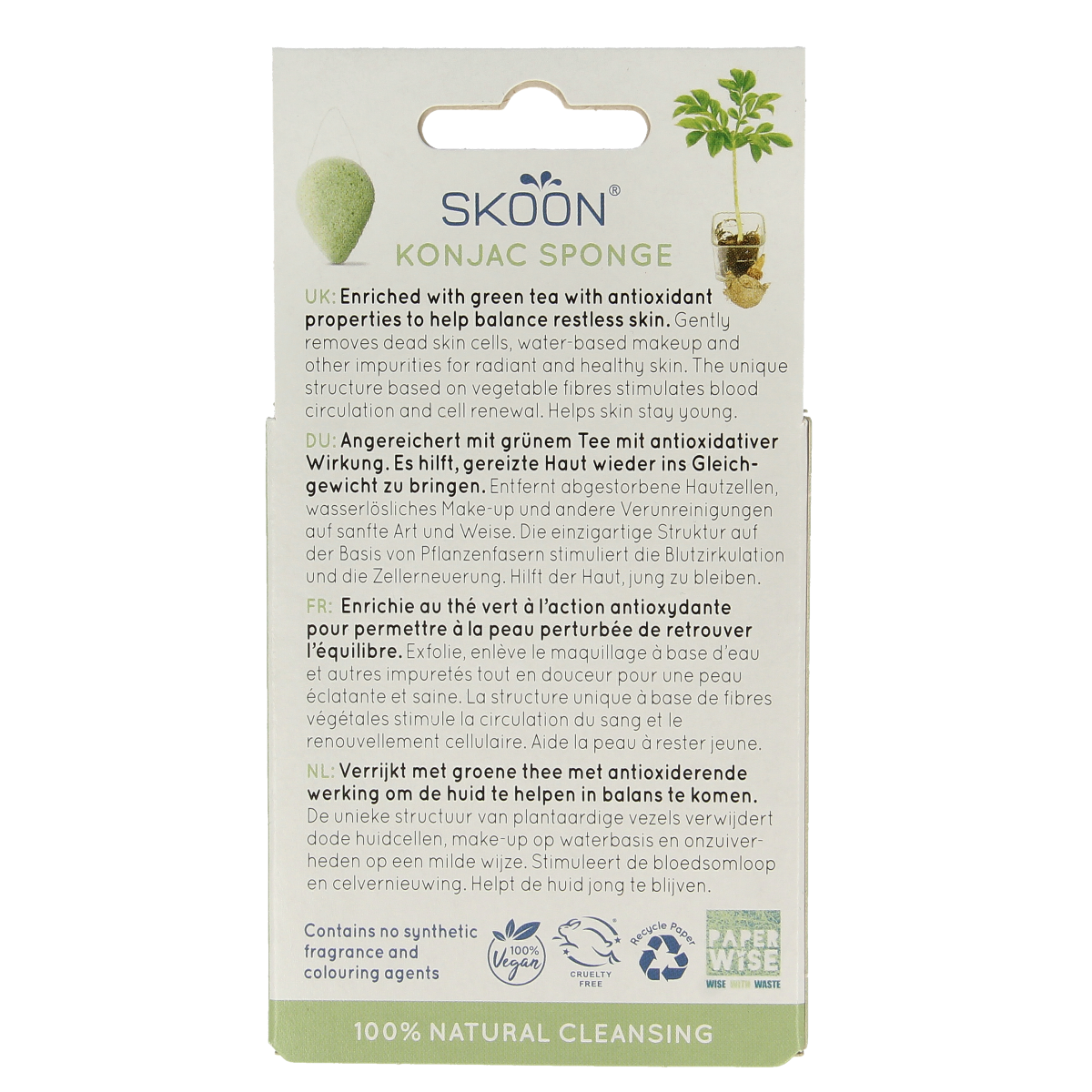 Skoon Konjac sponge with green tea for facial cleansing, natural bio skincare product, showing the green tea-infused sponge.