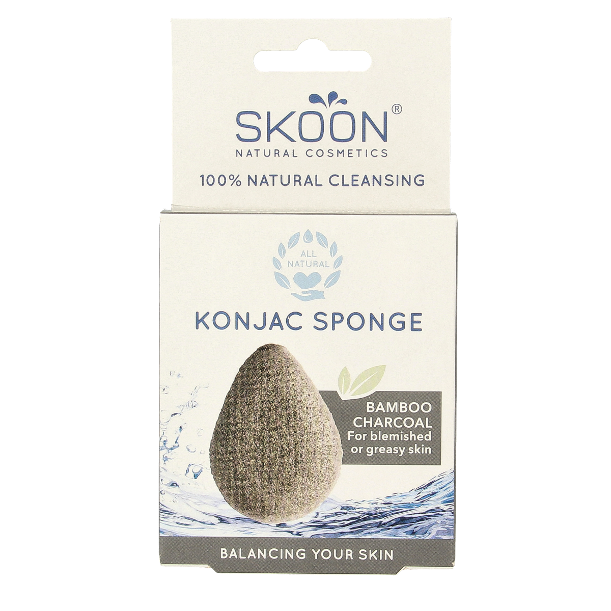 Skoon Konjac sponge with bamboo charcoal, natural skincare tool for gentle facial cleansing, single bio sponge on white background.