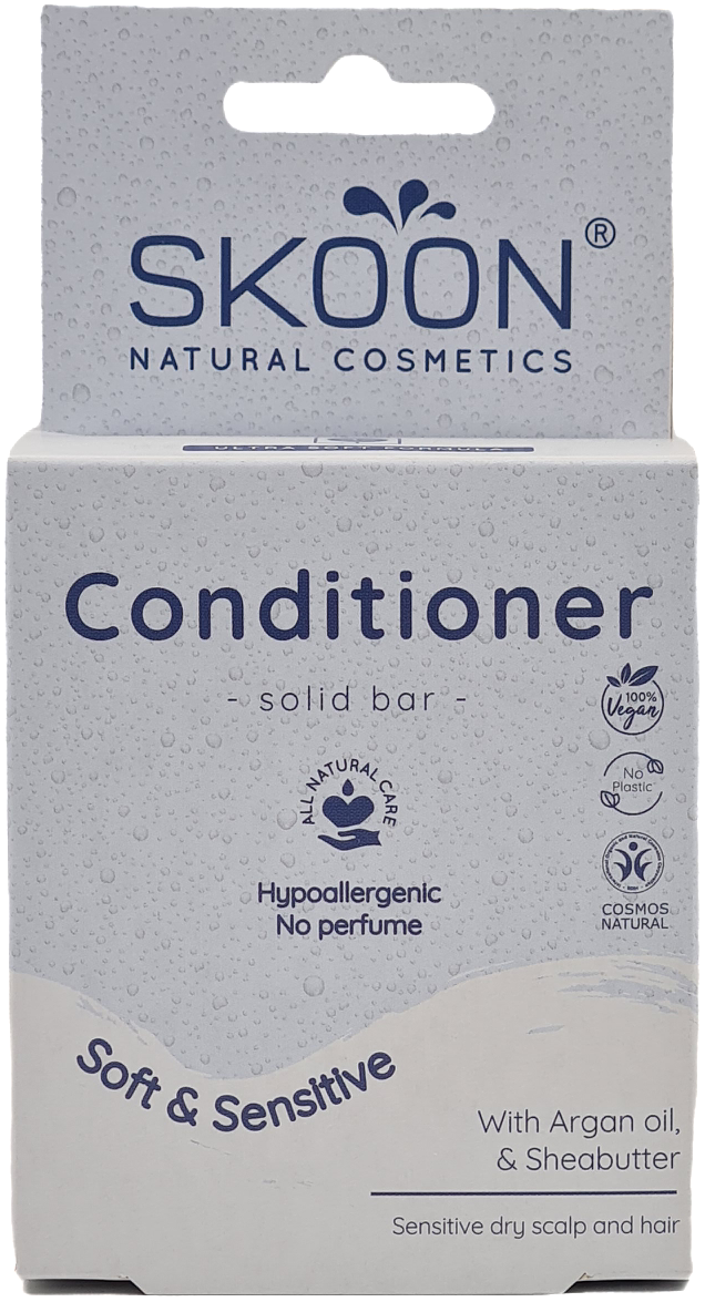 Skoon Solid Conditioner Soft & Sensitive in 60g, natural hair care product for gentle, nourishing hair treatment.