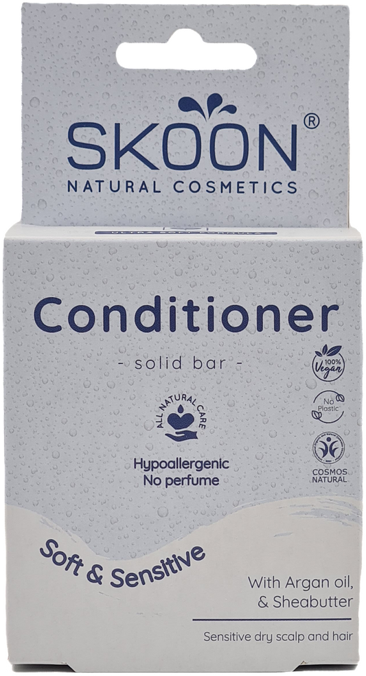 Skoon Solid Conditioner Soft & Sensitive in 60g, natural hair care product for gentle, nourishing hair treatment.