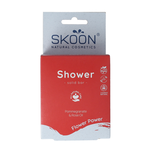 Skoon Solid shower flower Power soap bar, 90g, for bath and shower, with floral scent and natural ingredients.