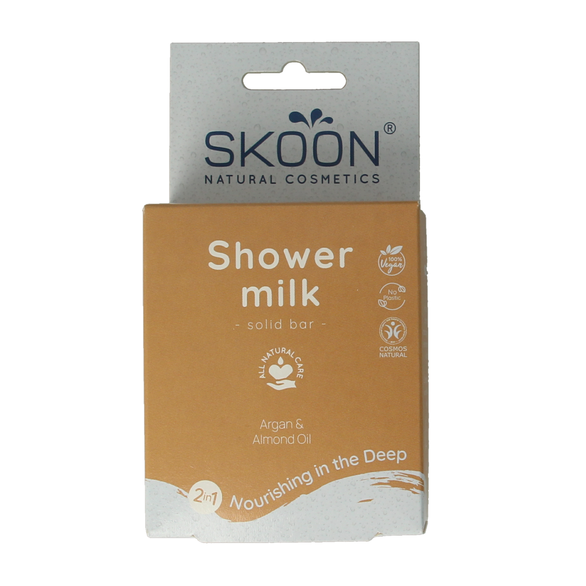 Skoon Solid shower milk nourishing into the deep 2-in-1 Bad en Douche bar, 90g, with creamy texture and natural ingredients.