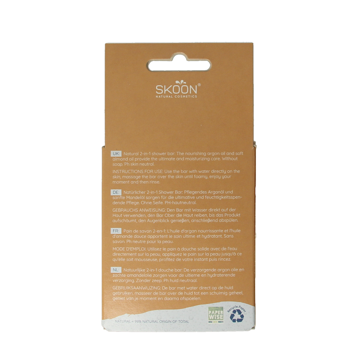 Skoon Solid shower milk nourishing into the deep 2-in-1 bar, 90g, for gentle cleansing and hydration during shower or bath.