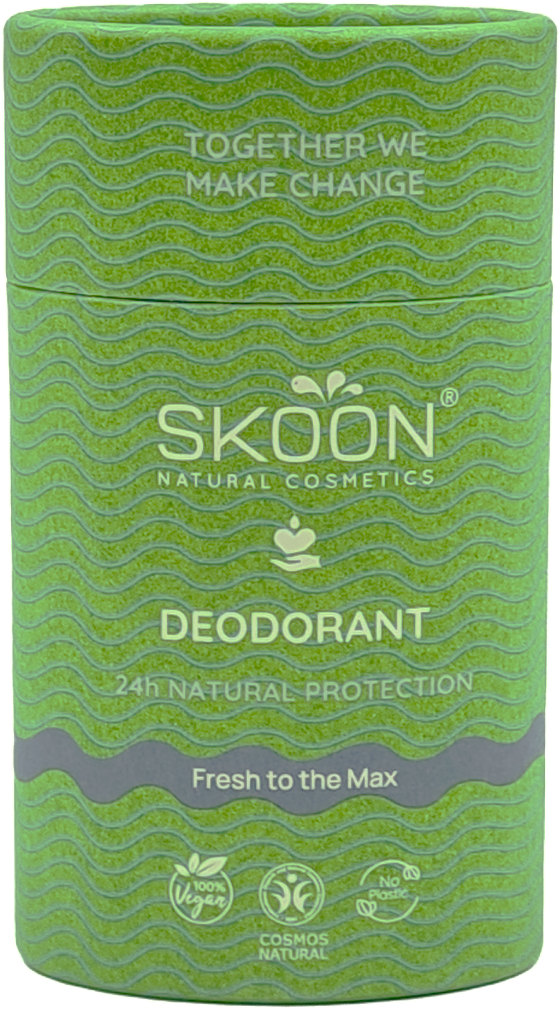 Skoon Fresh to the Max deodorant stick 65g with natural ingredients, featuring a sleek white packaging and a clear roll-on top.