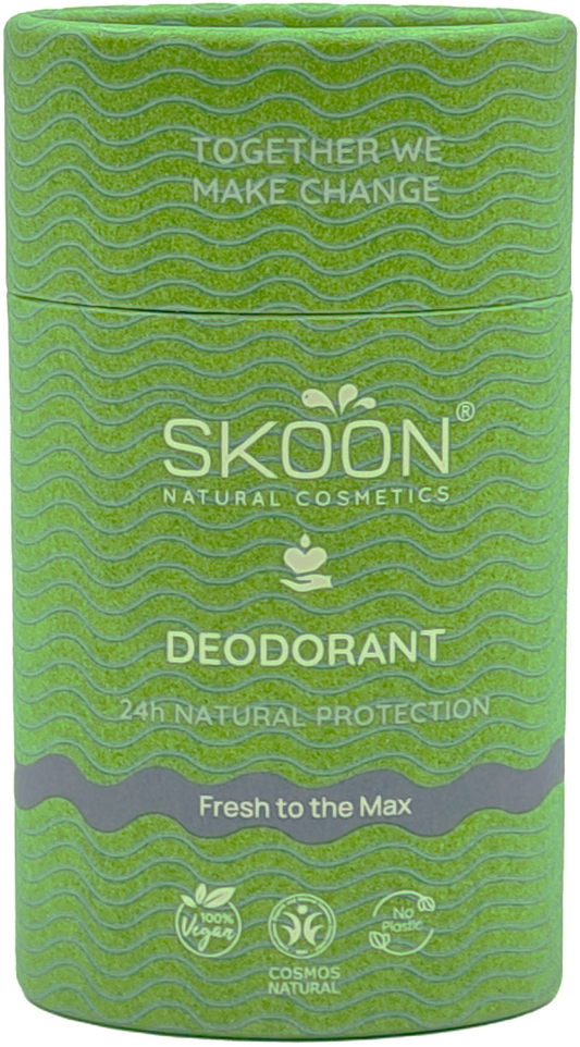 Skoon Fresh to the Max deodorant stick 65g with natural ingredients, featuring a sleek white packaging and a clear roll-on top.