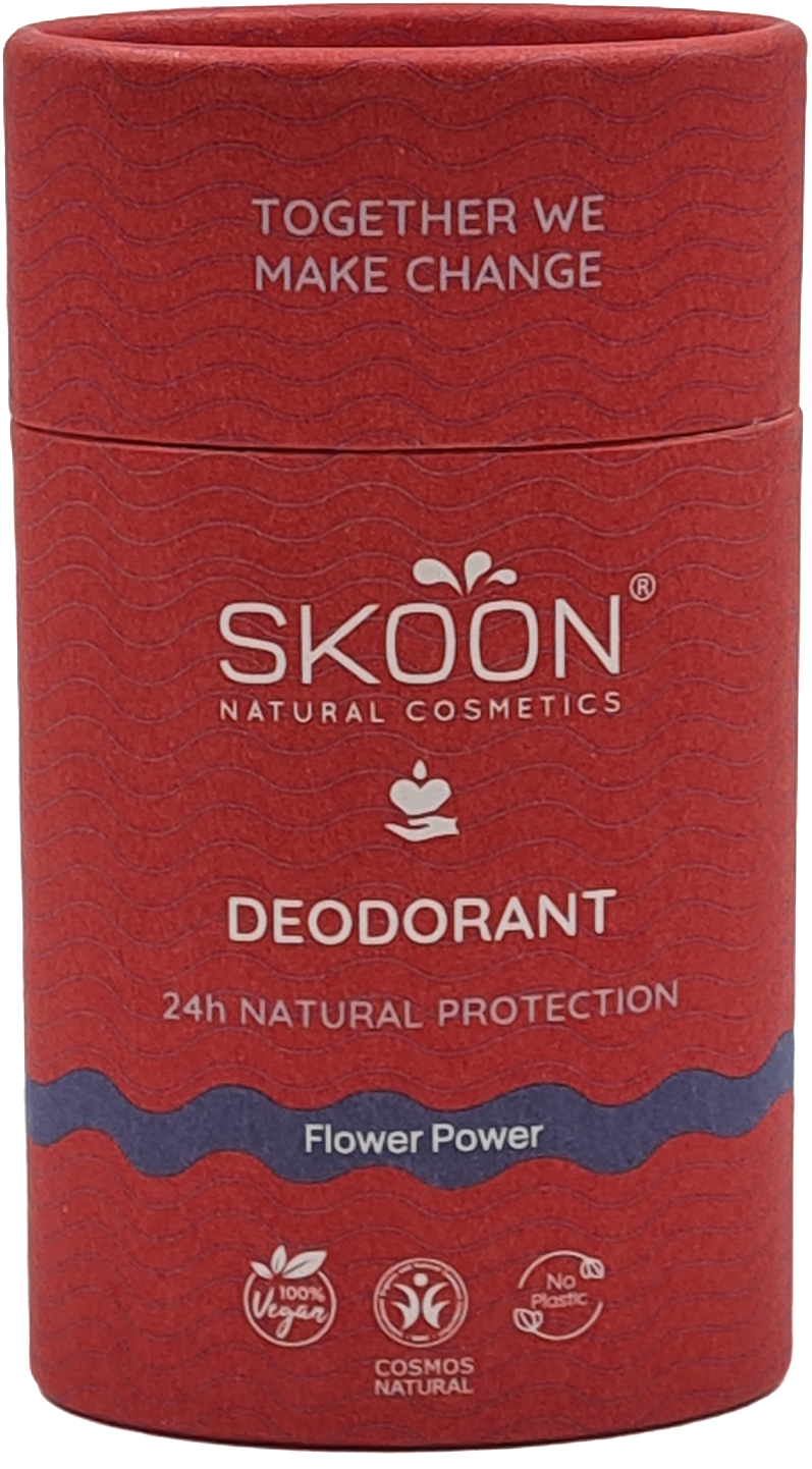 Skoon Flower Power Deostick deodorant stick in 65g with floral packaging and natural scent, suitable for everyday use.