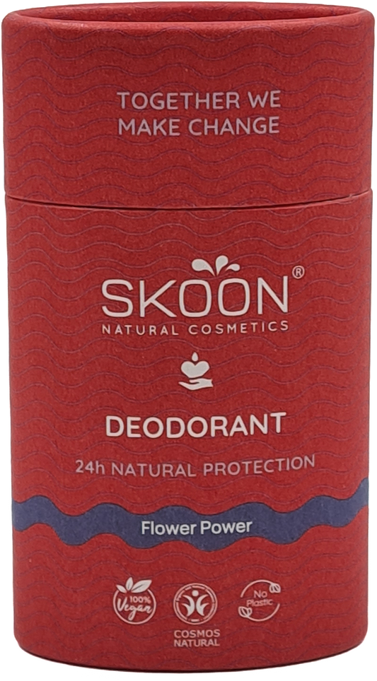 Skoon Flower Power Deostick deodorant stick in 65g with floral packaging and natural scent, suitable for everyday use.