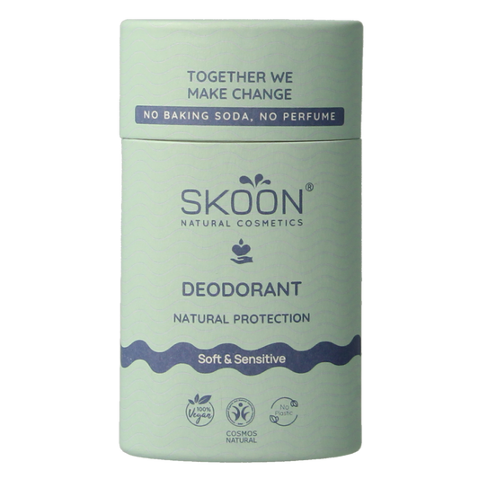 Skoon Deo stick soft & sensitive 65g, natural deodorant in a white stick container, designed for sensitive skin.