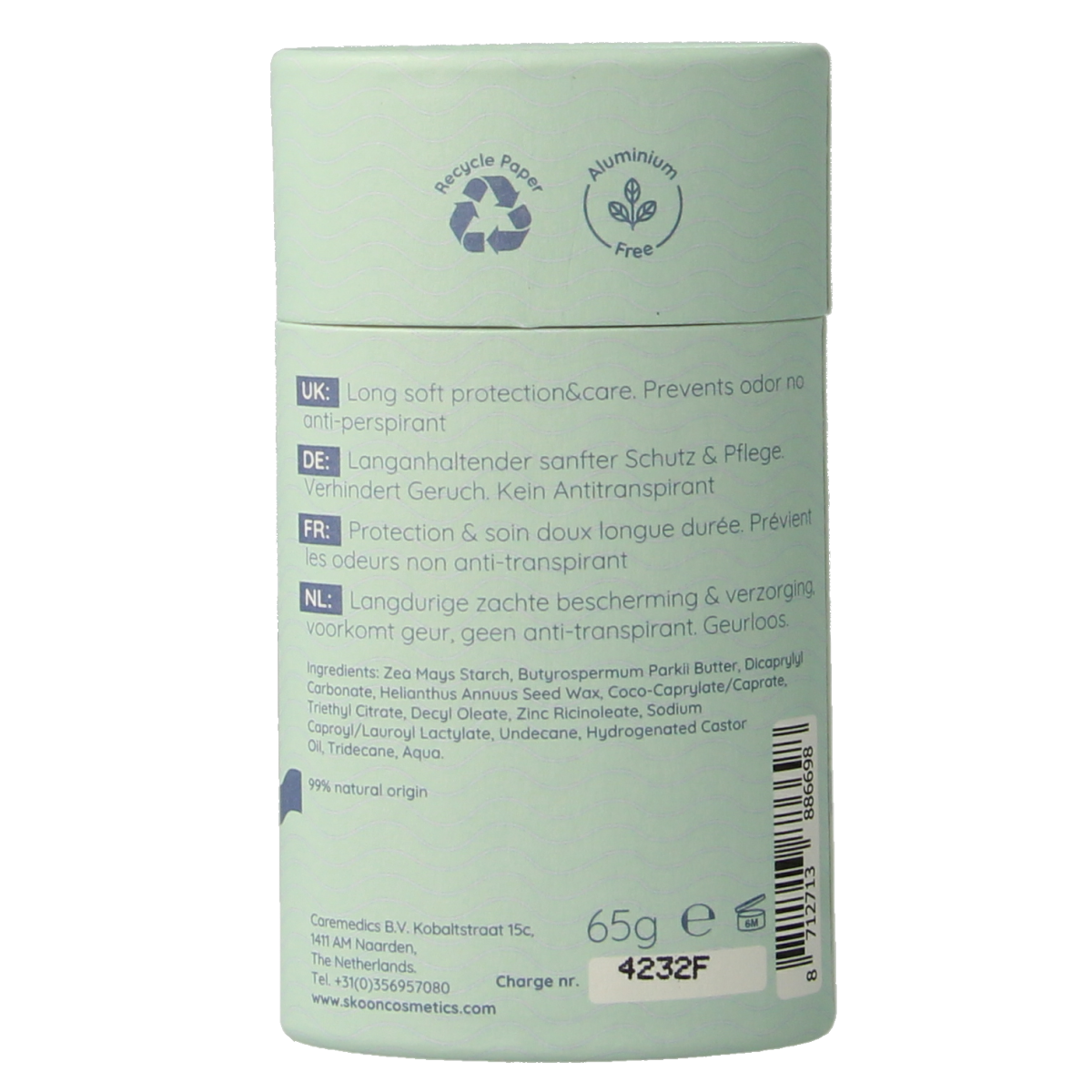 Skoon Deo Stick Soft & Sensitive 65g deodorant stick with smooth, rounded shape and soft, sensitive skin-friendly formula.