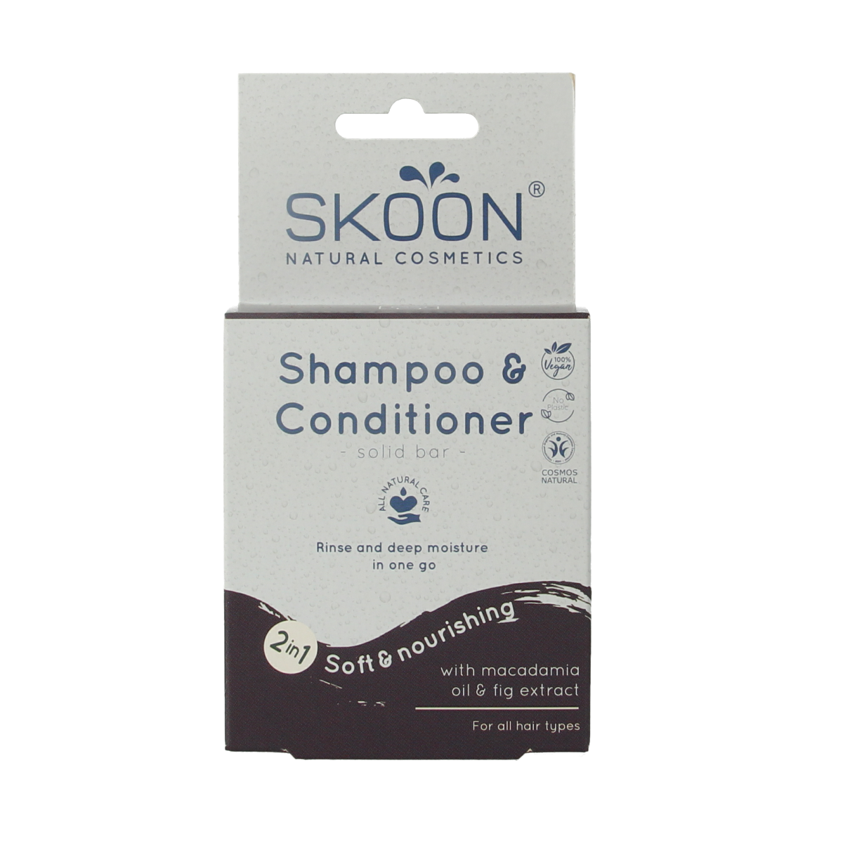 Skoon solid shampoo and conditioner bar, 90g, natural Haarverzorging product with eco-friendly packaging and clean design.