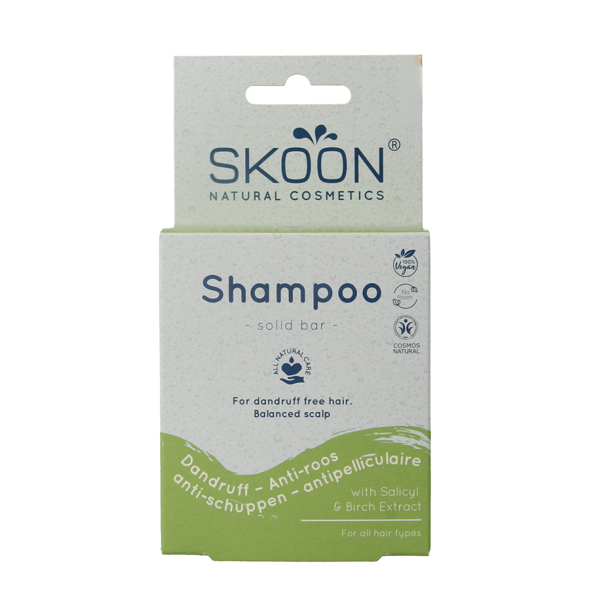 Skoon solid anti-dandruff shampoo bar in 90g, natural hair care product with a minimalist design and packaging.
