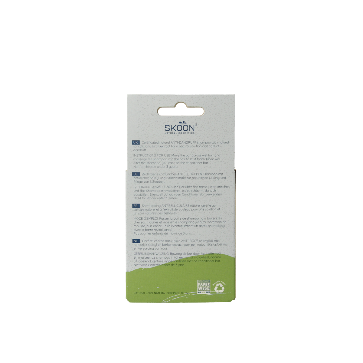 Skoon solid anti-dandruff shampoo bar in 90g with natural ingredients, designed for effective scalp care and hair cleansing.