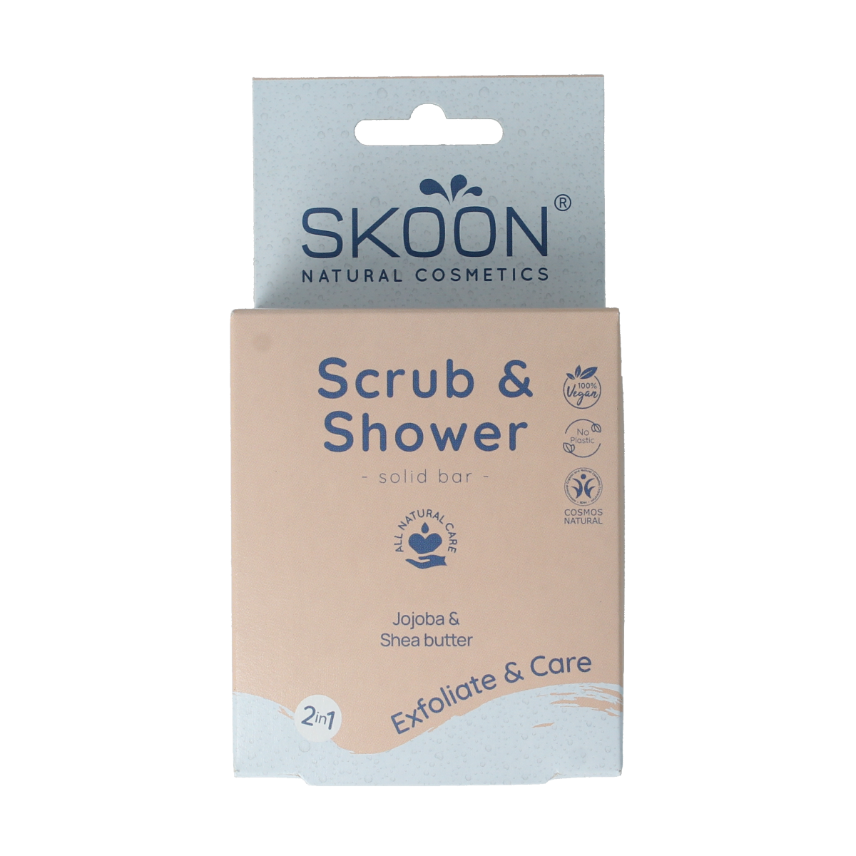 Skoon Solid scrub and shower bar, 90g, natural bad en douche product with textured surface for exfoliation and cleansing.