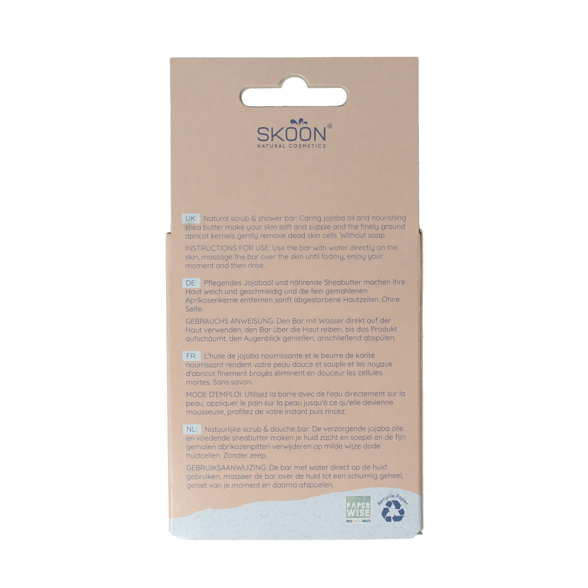 Skoon Solid scrub and shower bar, 90g, natural skincare product for cleansing and exfoliating skin during shower.