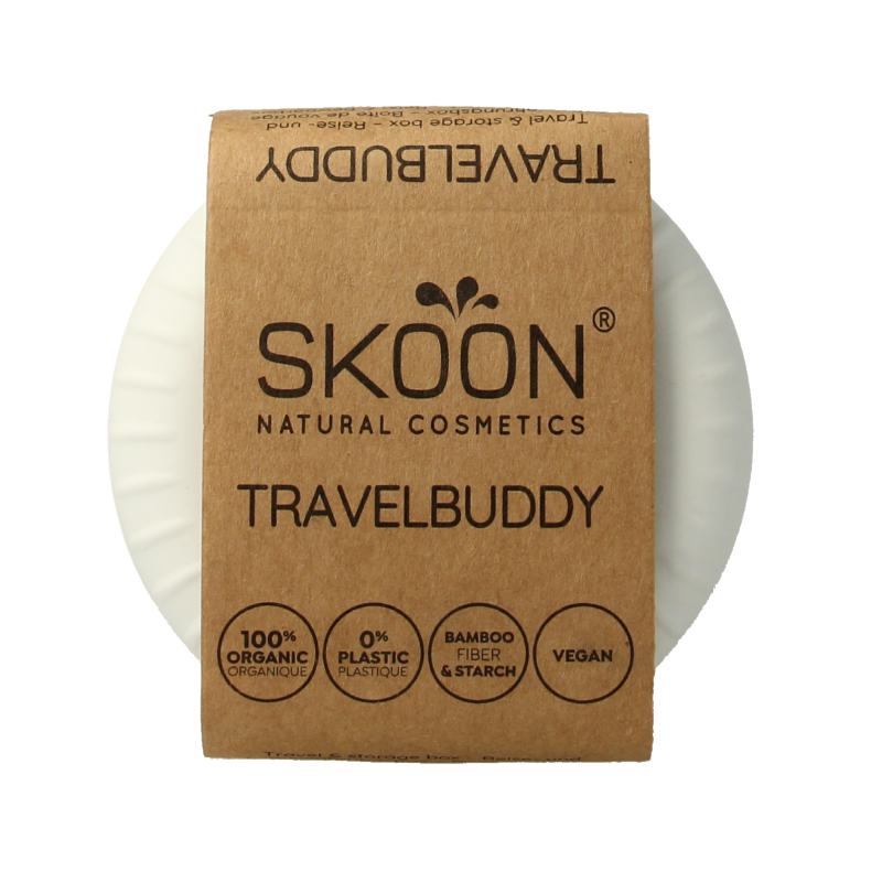 Skoon Travel Buddy packaging material in a compact, clear plastic pouch, designed for secure storage and transport.