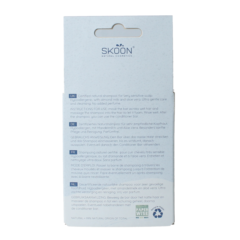 Skoon Solid Shampoo Soft & Sensitive 90g bar, natural hair care product for gentle cleansing, shown in the image.